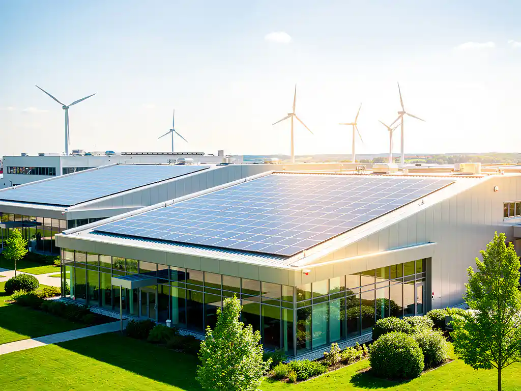 Modernes deutsches Industriegebäude mit Solaranlage auf dem Dach und Windrädern am Horizont, umgeben von grüner Vegetation.