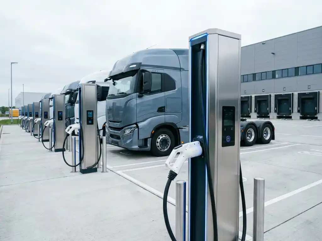 Elektro-Lkws an modernen CCS-Ladesäulen eines Industrie-Ladehubs mit Logistiklager im Hintergrund.