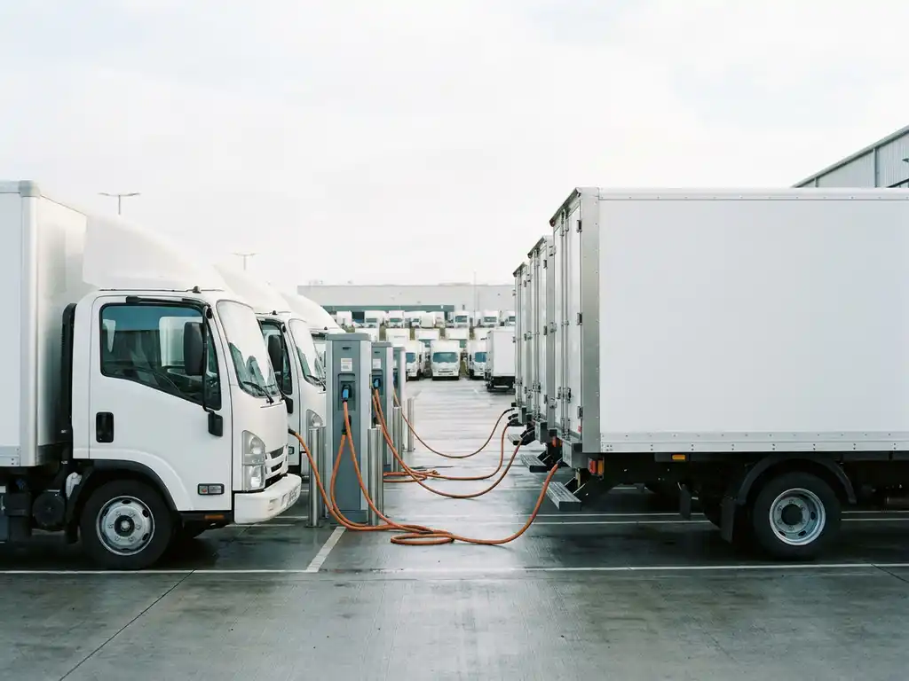 Elektro-Lkw an industriellen Ladestationen in einem Logistikdepot, orangefarbene Ladekabel auf hellem Betonboden, Fuhrpark im Hintergrund.