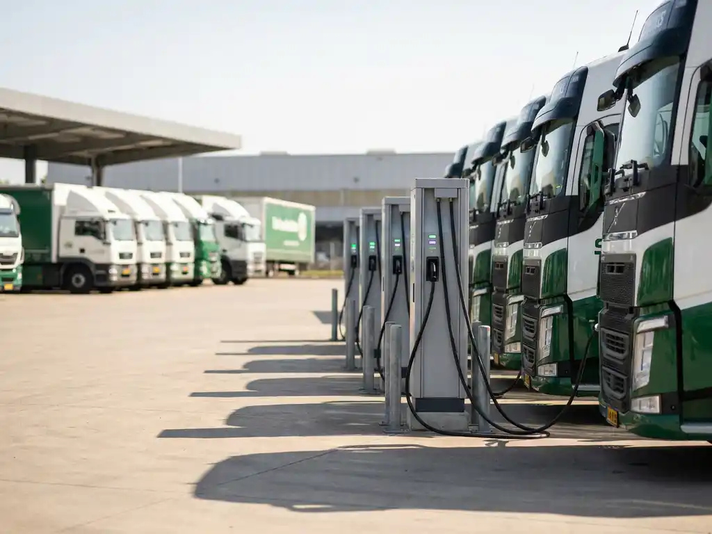 Elektro-Lkw an Industrieladestationen in einem modernen Logistikdepot, weiße und grüne Schwerlastfahrzeuge in der Mittagssonne.