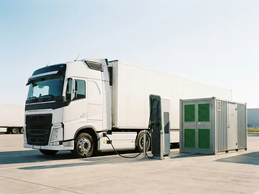 Weißer Elektro-Sattelzug an moderner Ladestation in einem Logistikzentrum, kompakte Batteriespeichereinheit daneben, Sonnenlicht auf Betonboden.