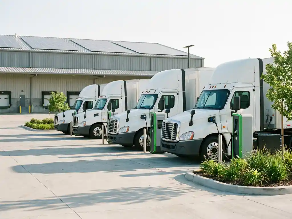 Weiße Elektro-Lkw an modernen Ladestationen in einem Logistikzentrum mit Solaranlage auf dem Lagerdach im Hintergrund.