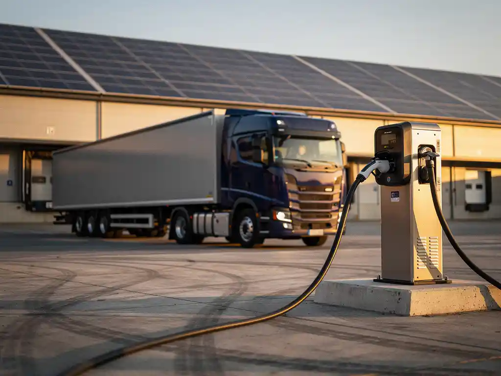 Elektrischer Sattelzug an Industrieladestation auf Logistikgelände, Solarpanele auf Lagerhausdach im Hintergrund, goldenes Nachmittagslicht.