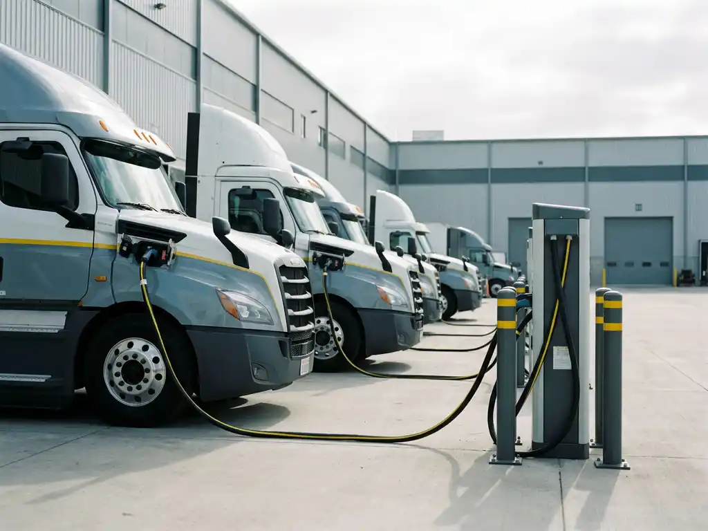 Elektro-Lkw an industriellen Ladestationen in einem modernen Logistikzentrum mit Lagerhalle im Hintergrund.