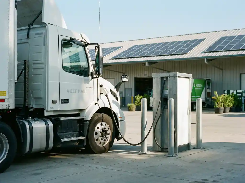 Schwerer Elektro-Lkw an gewerblicher Ladestation in Logistikanlage, Solarpaneele auf Lagerhausdach im Hintergrund, Tageslicht.