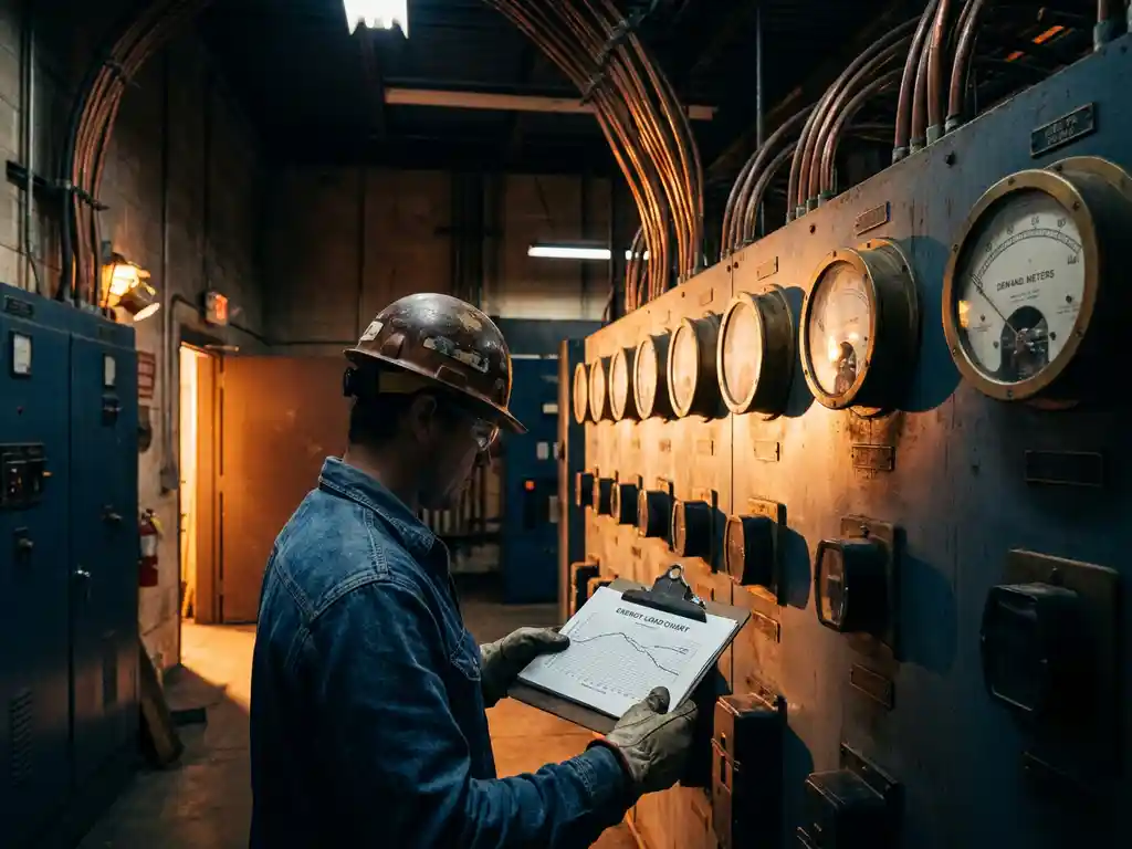 Schichtarbeiter mit Schutzhelm prüft Energielastkurve im Industriellen Stromverteilerraum mit analogen Leistungsmessgeräten.