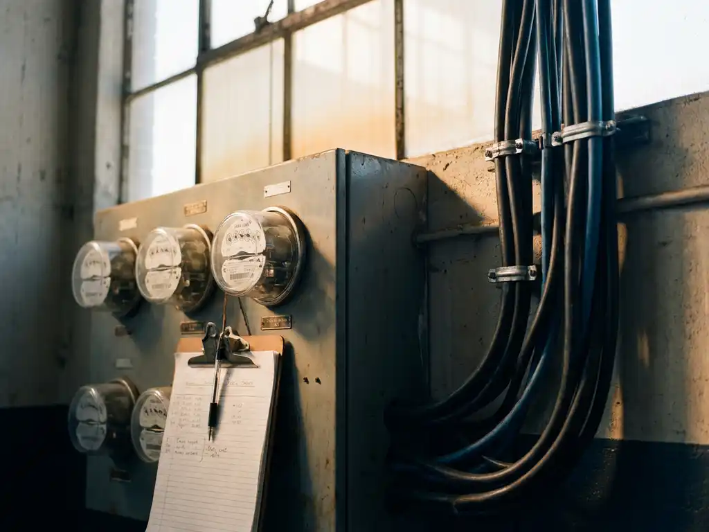 Techniker-Klemmbrett lehnt an Energiemessgerät-Panel mit Industriekabeln; Morgenlicht beleuchtet Zeigerausschläge der Lastspitzenmessung.