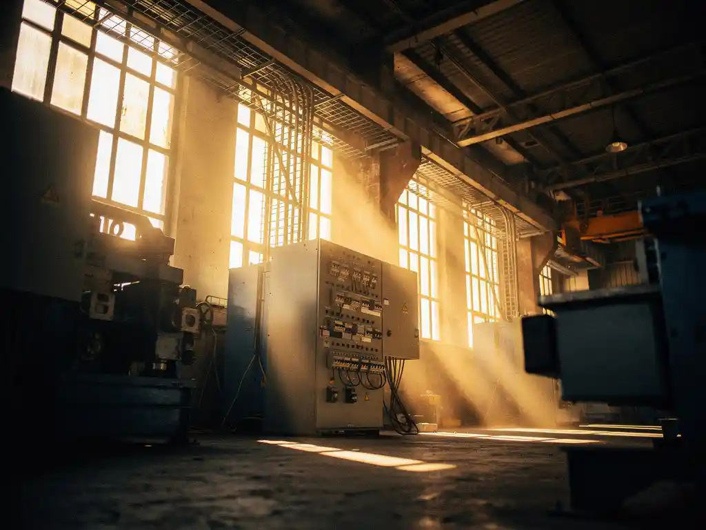 Fabrikhalle von unten fotografiert, Industriemaschinen als Silhouetten vor hohen Fenstern im goldenen Nachmittagslicht, Kabeltrassen und Schaltschrank sichtbar.