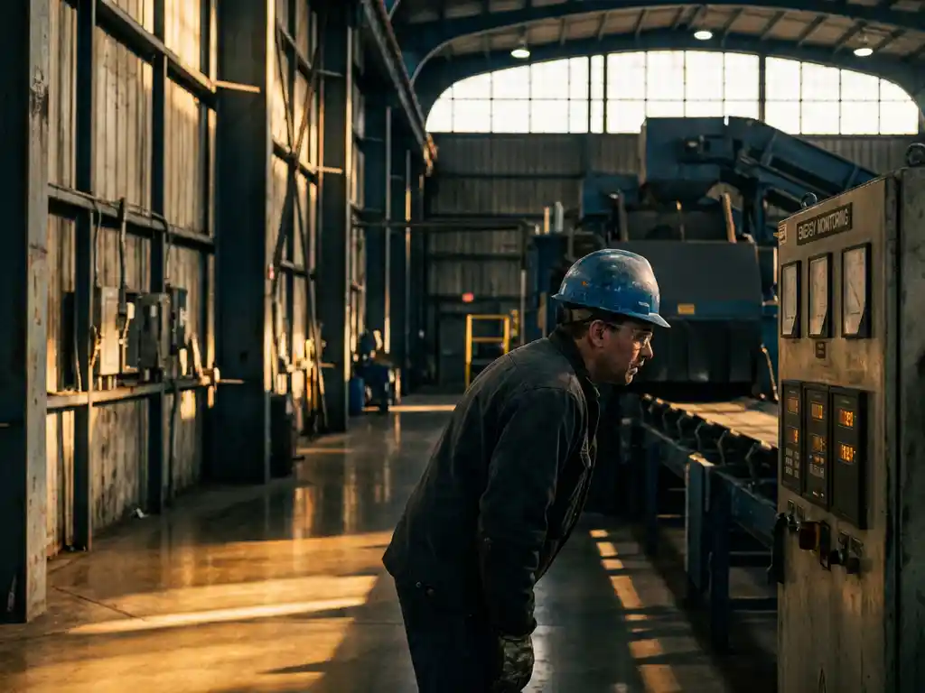 Fabrikarbeiter mit Schutzhelm prüft Energiemonitor-Panel in industrieller Fertigungshalle mit goldenem Nachmittagslicht.