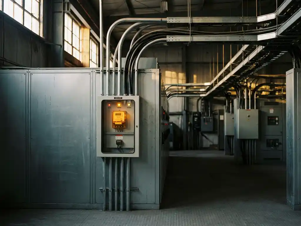 Industrieller Schaltanlagenraum mit Kabeltrassen, Stromrohren und leuchtendem Energiezähler-Panel in warmem Bernsteinlicht.