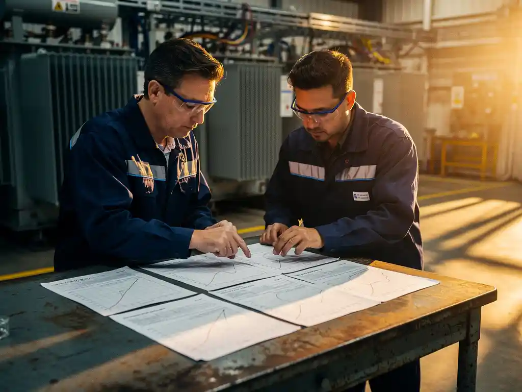 Energietechniker analysiert Lastkurvendiagramme an einem Metalltisch, im Hintergrund Transformatoren und Kabeltrassen einer Industrieanlage.