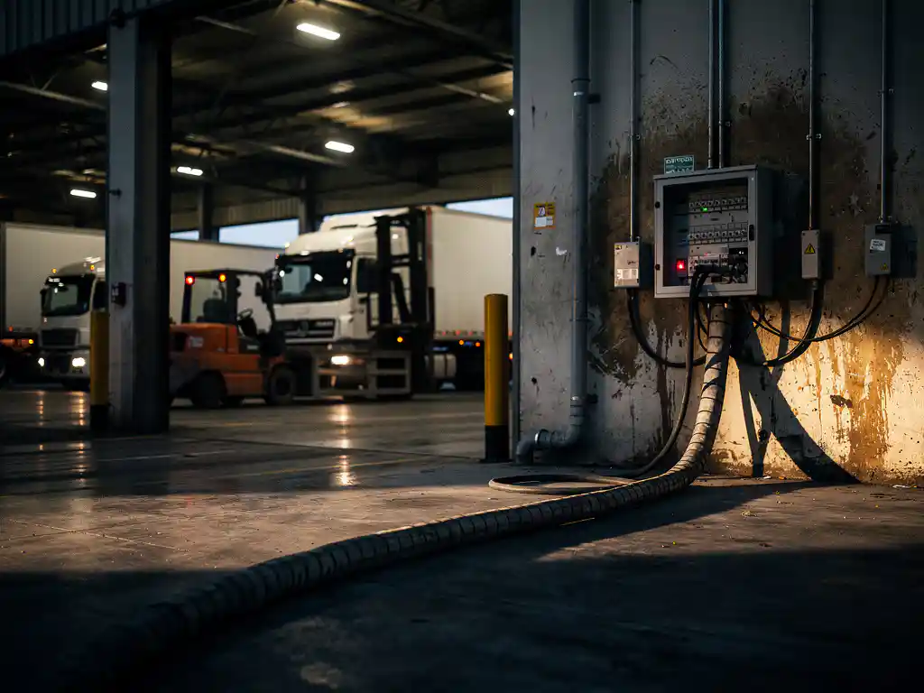 Industrielles Lagerhaus-Ladedock in der Dämmerung mit Gabelstaplern, Trucks und überlasteter Elektroanlage an verwitterter Wand.