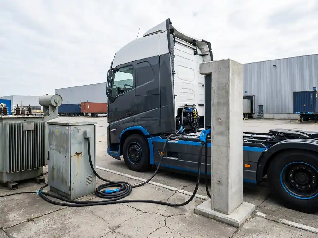 Schwerer Elektro-Lkw an gewerblicher Ladestation in Industrielogistikanlage, Stromkabel an Ladesäule, Transformator und Netzanschlussschrank im Hintergrund.