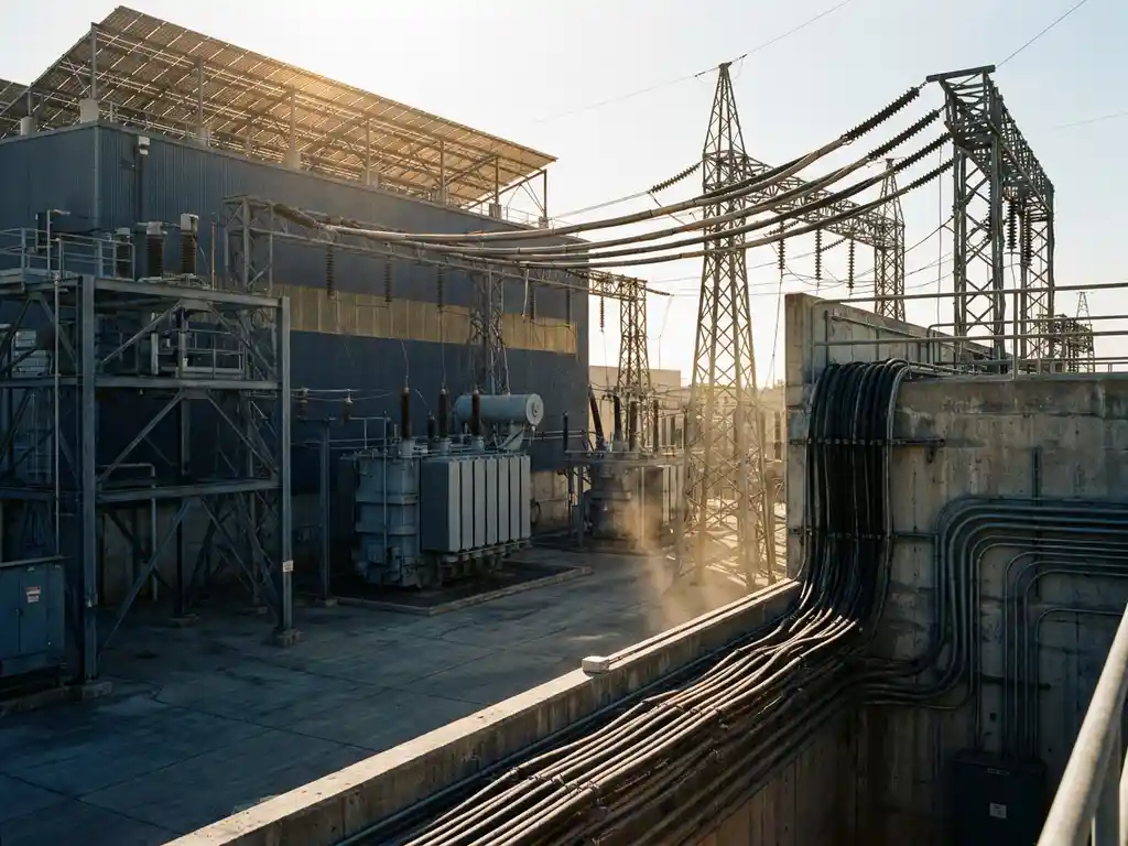 Industrieanlage mit Hochspannungsleitungen, Transformatorstationen und Solarpanelen auf dem Dach bei Mittagslicht.