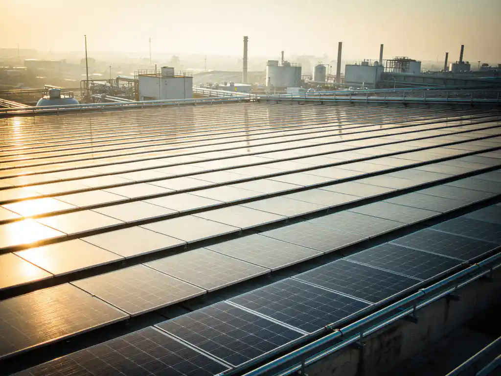Solaranlage auf dem Dach einer modernen Industrieanlage, Photovoltaikreihen im goldenen Abendlicht mit langen Schatten.