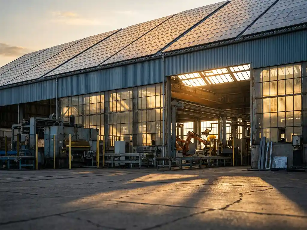 Industrielle Fertigungsanlage mit Solaranlage auf dem Dach, goldenes Nachmittagslicht fällt durch Fabrikfenster auf Förderanlagen.
