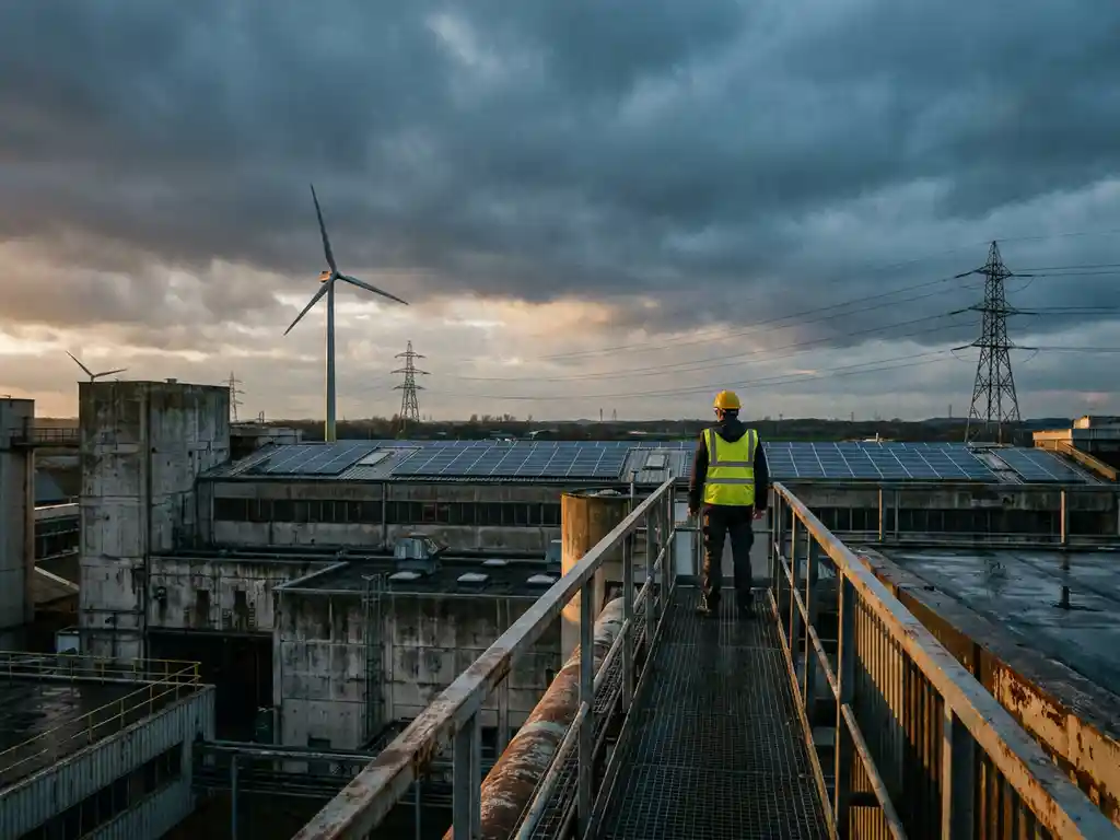Ingenieur mit Schutzhelm beobachtet Industrieanlage mit Solarpanelen, Windturbine und Hochspannungsleitungen unter bewölktem Himmel.